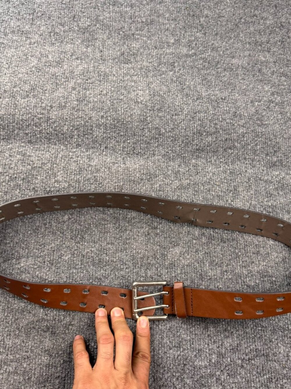 Mens Brown Double Prong Buckle Belt Size L Faux Leather Holes As-Is Flawed Wear